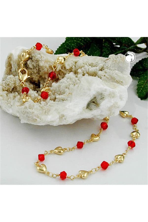 Necklace 5mm Fantasy Chain Hearts And Red Glass Beads Gold-Plated Amd 42cm - GL230035-42