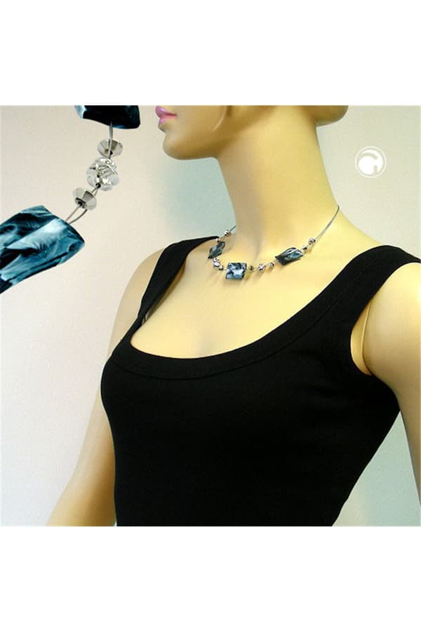 Necklace Steel-Blue And White Beads On Coated Flexible Wire 45cm - GL00480