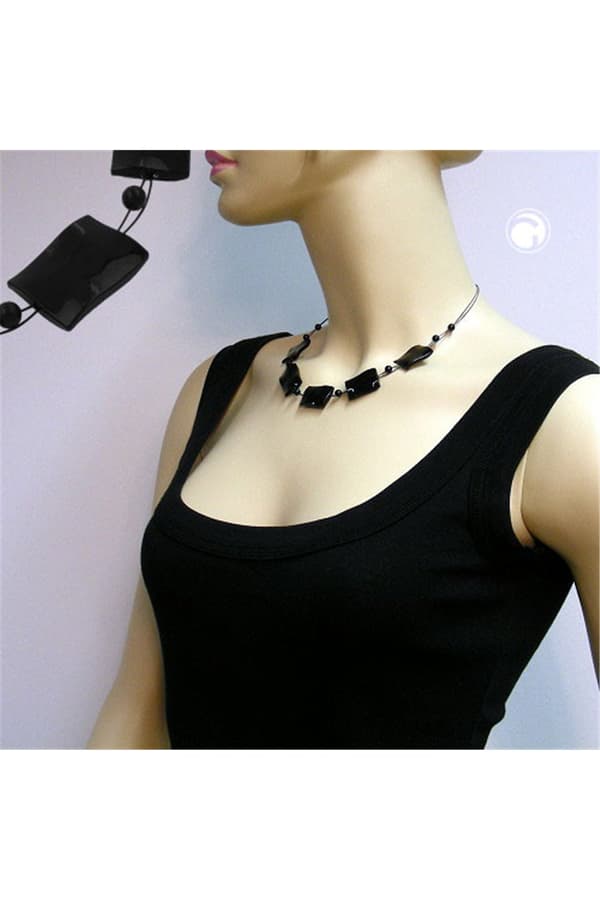 Necklace Wavy Rectangle Beads Shiny Black 45cm - GL02671