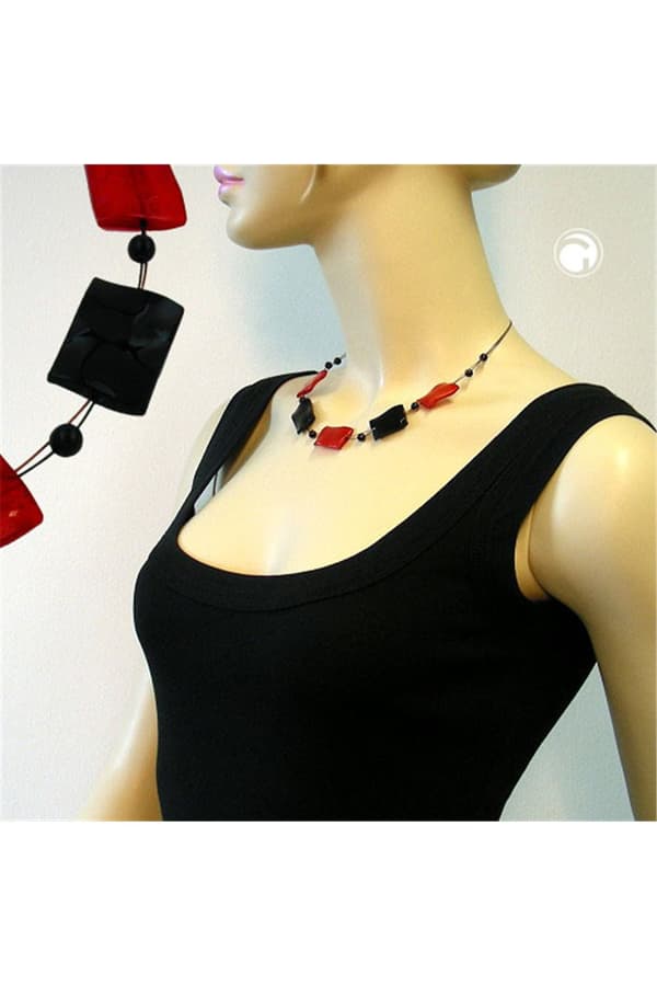 Necklace Black-Red Beads Shiny 45cm - GL02482