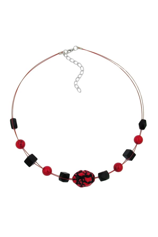 Necklace Red And Black Beads On Coated Flexible Wire - GL00456