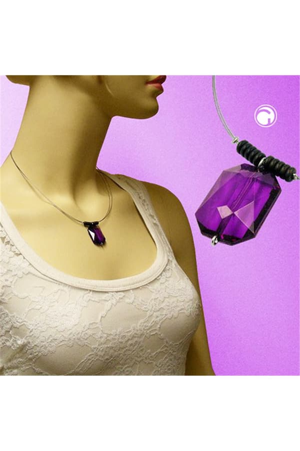 Necklace Square Purple Faceted Pendant - GL02294