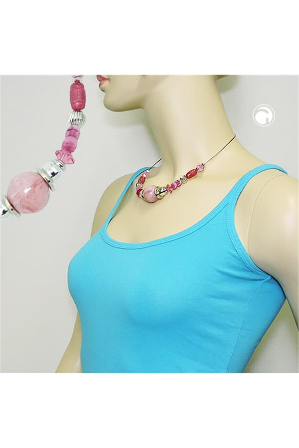 Necklace Pink And Silver-Coloured Beads On Coated Flexible Wire - GL01344