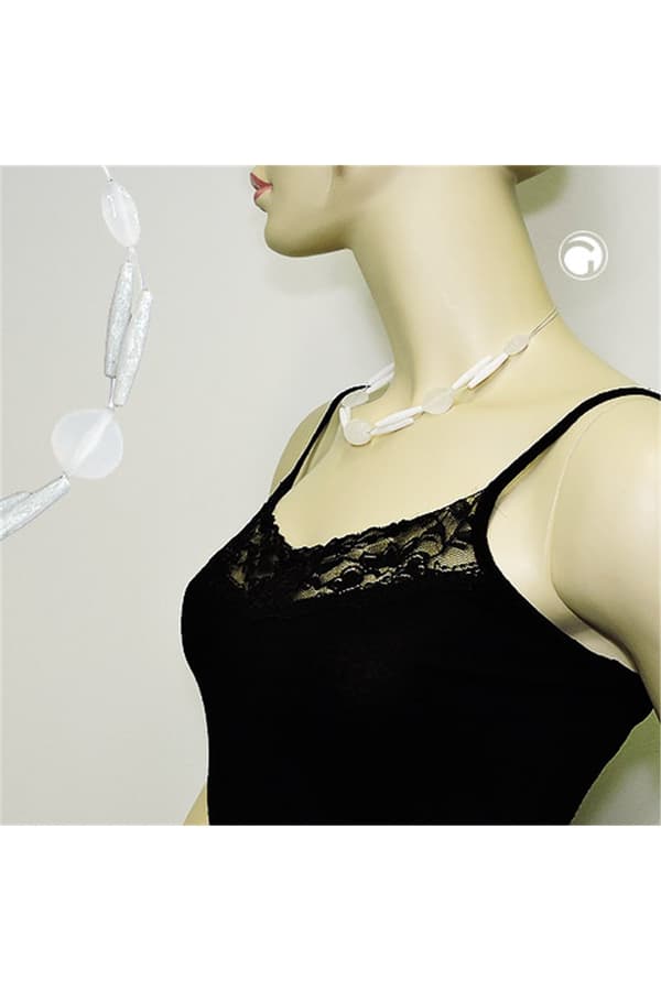 Necklace White Frosted Beads On White-Coated Flexible Wire - GL01265