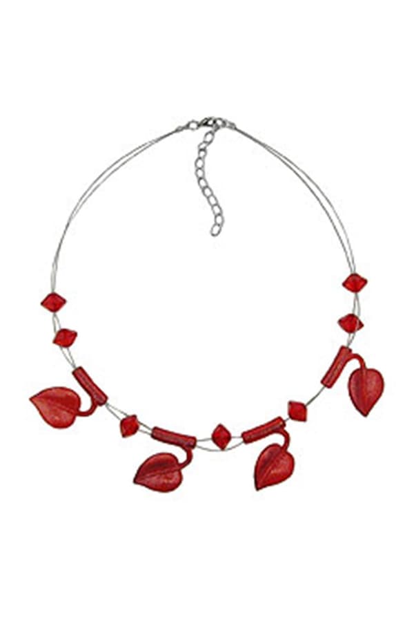 Necklace Leaf Beads Red-Coloured On Coated Flexible Wire 44cm - GL00847