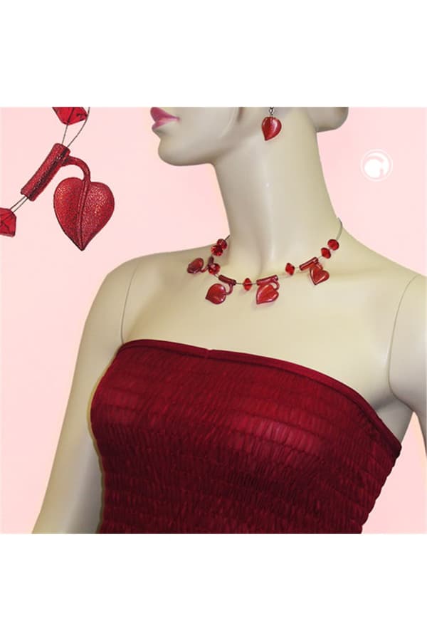 Necklace Leaf Beads Red-Coloured On Coated Flexible Wire 44cm - GL00847