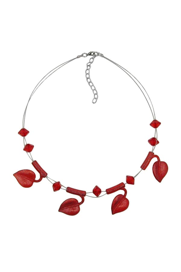 Necklace Leaf Beads Red-Coloured On Coated Flexible Wire 44cm - GL00847