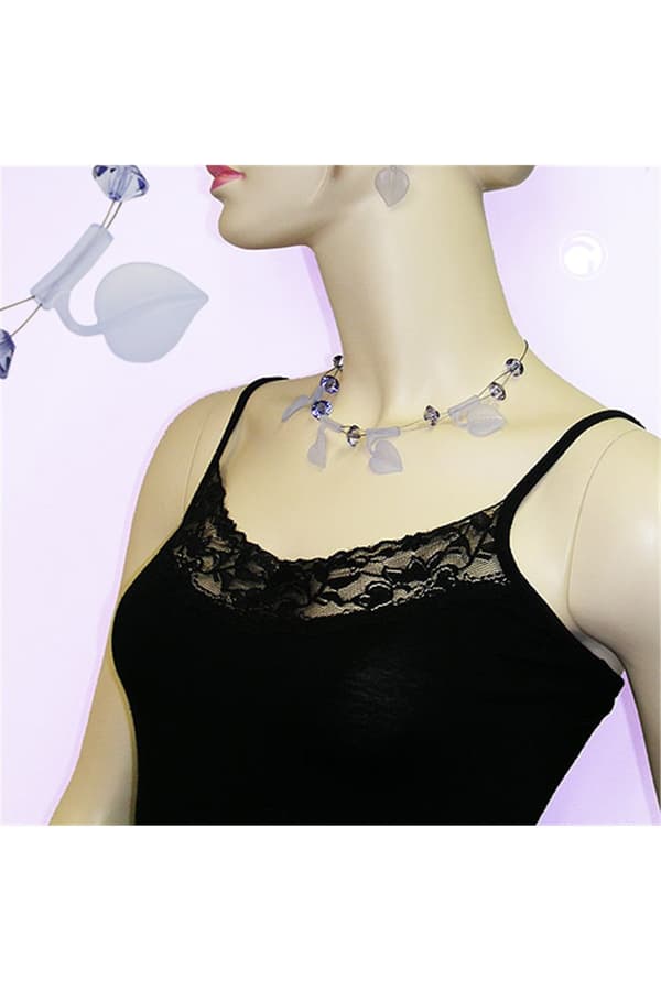 Necklace Leaf Beads Light Blue On Coated Flexible Wire 44cm - GL00820