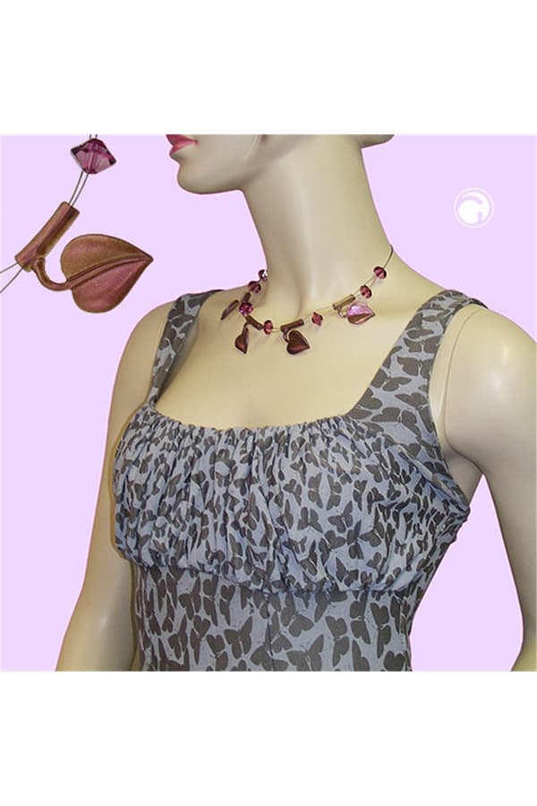Necklace Leaf Beads Purple-Coloured On Coated Flexible Wire 44cm - GL00813