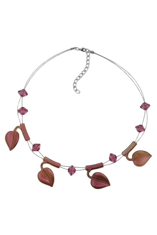 Necklace Leaf Beads Purple-Coloured On Coated Flexible Wire 44cm - GL00813