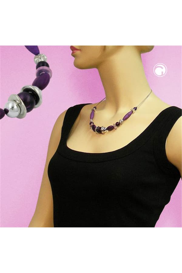 Necklace Purple Beads On Coated Flexible Wire 49cm - GL00615