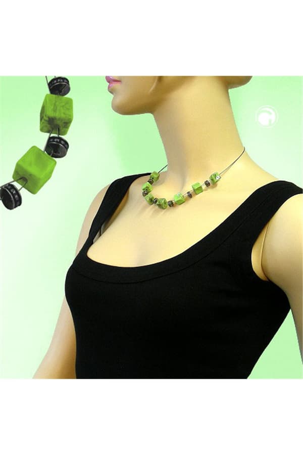 Necklace Cube Beads Light Green Marbled 45cm - GL00339