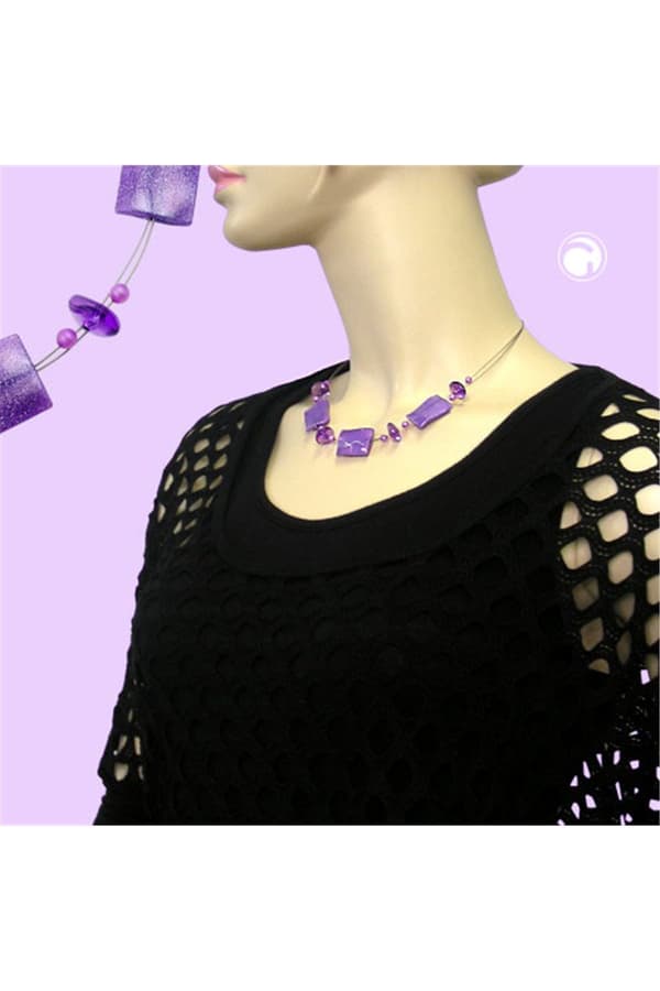 Necklace Shiny Lilac Rectangle Beads On Coated Flexible Wire 45cm - GL00150