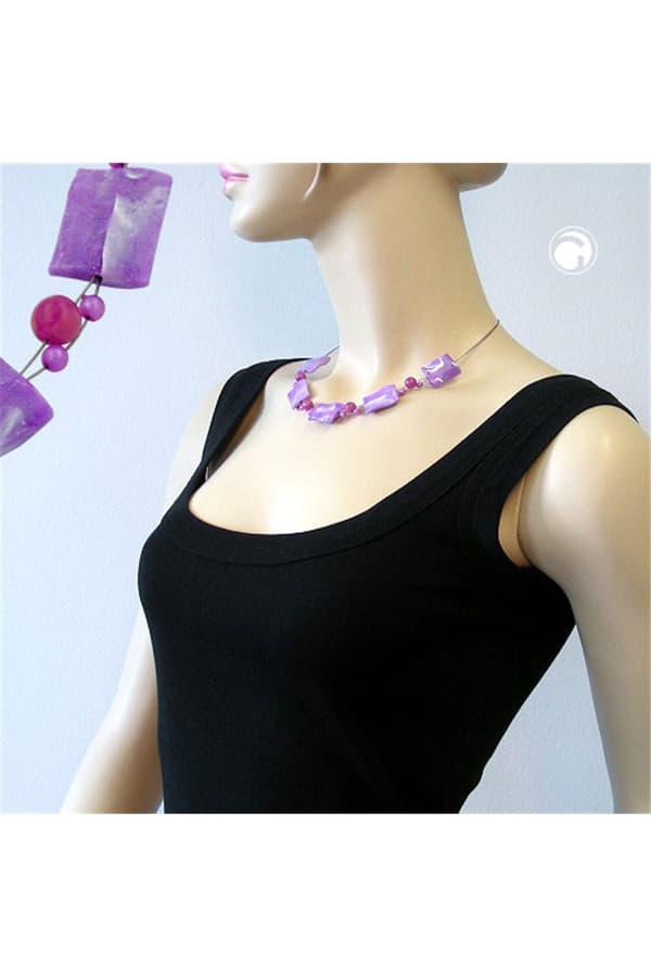 Necklace Rectangle Beads Lilac And White-Marbled 45cm - GL00093