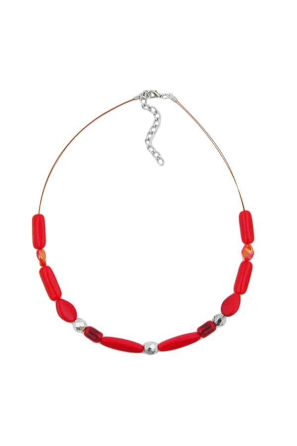 Necklace Red Watered Glass Beads On Coated Flexible Wire - GL00506