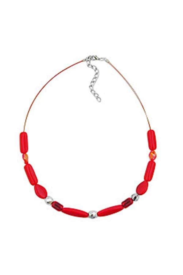 Necklace Red Watered Glass Beads On Coated Flexible Wire - GL00506