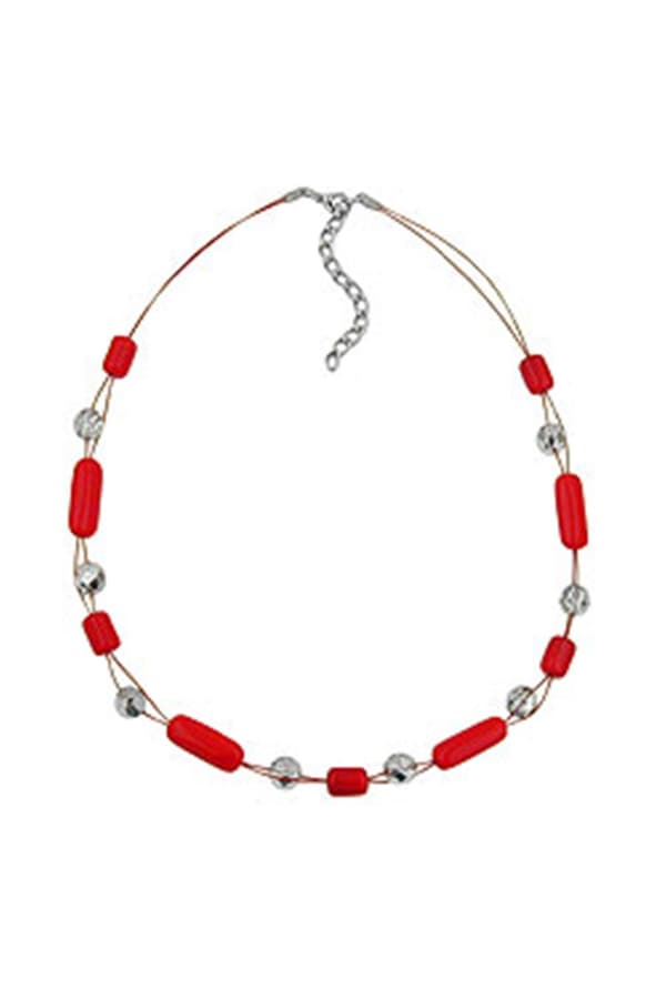 Necklace Red And Silver-Mirrored Glass Beads - GL00511