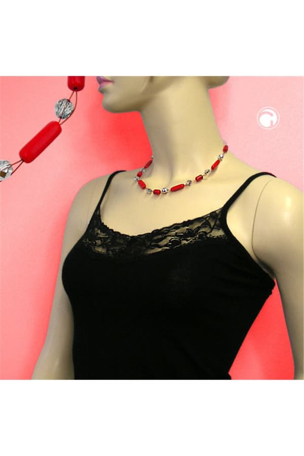 Necklace Red And Silver-Mirrored Glass Beads - GL00511