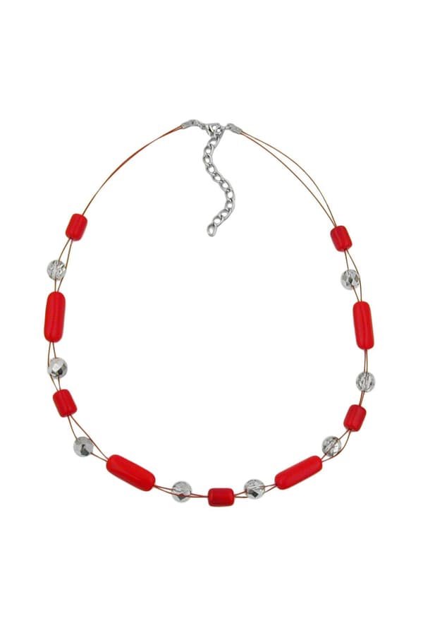 Necklace Red And Silver-Mirrored Glass Beads - GL00511