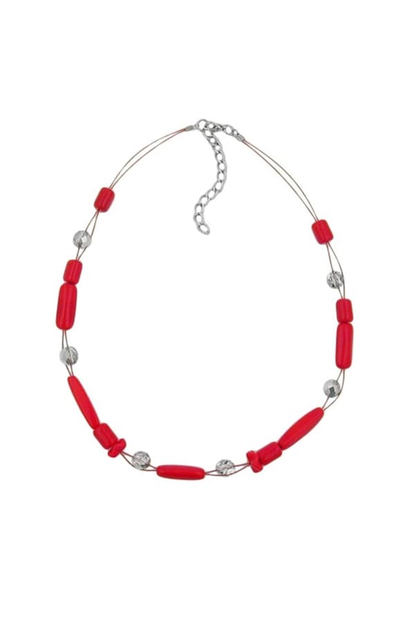 Necklace Red And Silver-Mirrored Glass Beads - GL00513
