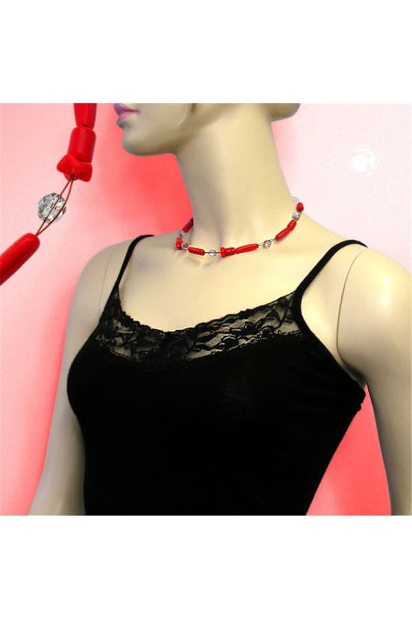 Necklace Red And Silver-Mirrored Glass Beads - GL00513