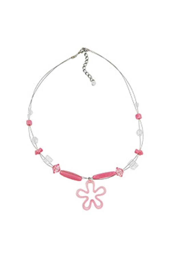 Necklace Pink Beads And Flower Pendant On Coated Flexible Wire - GL03336