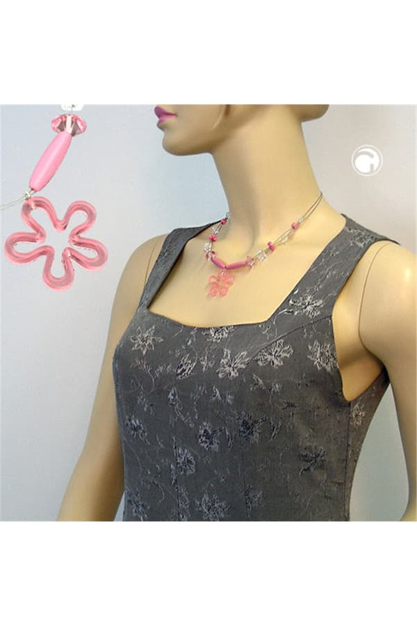 Necklace Pink Beads And Flower Pendant On Coated Flexible Wire - GL03336