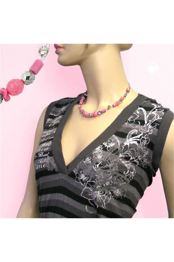 Necklace Pink And Silver-Mirrored Glass Beads - GL00662