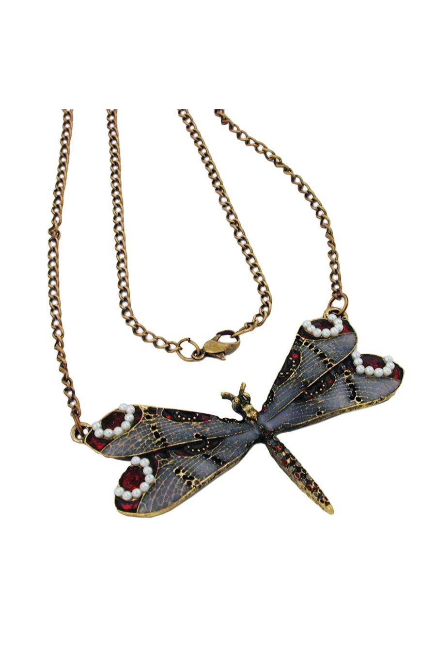 NECKLACE DRAGONFLY PURPLE/GREY/RED GOLD COLOURED
