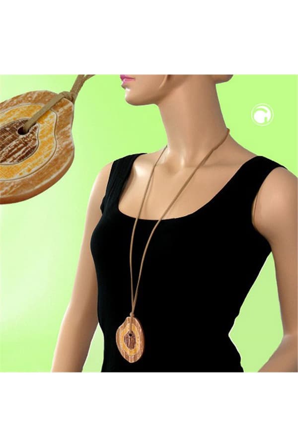 Necklace 75x55mm 3 Tree Rings Plastic Brown-Yellow Leather Strap Natural 90cm - GL07546