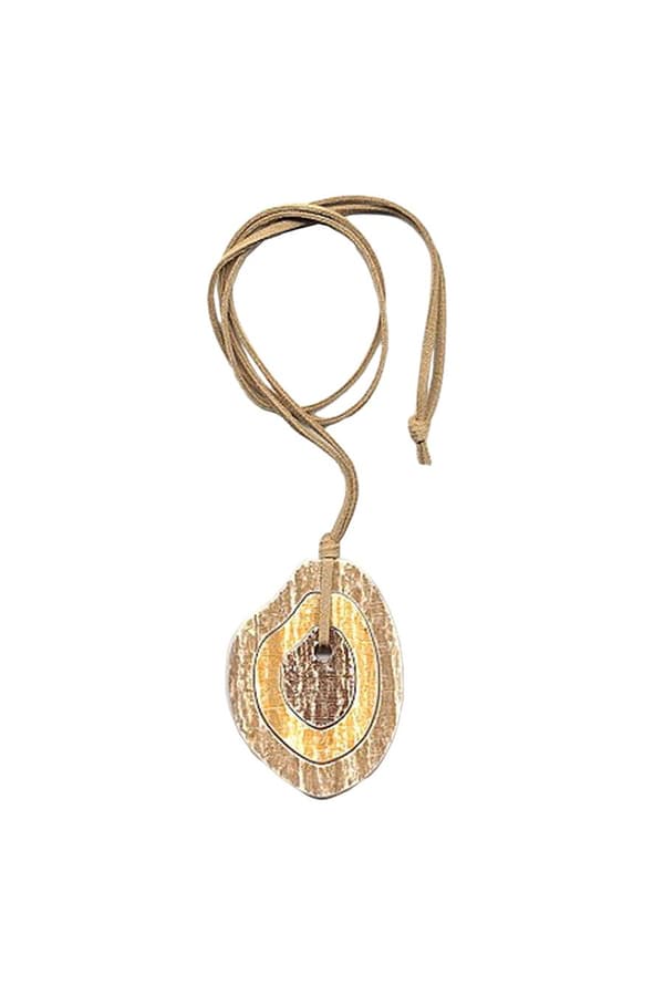 Necklace 75x55mm 3 Tree Rings Plastic Brown-Yellow Leather Strap Natural 90cm - GL07546