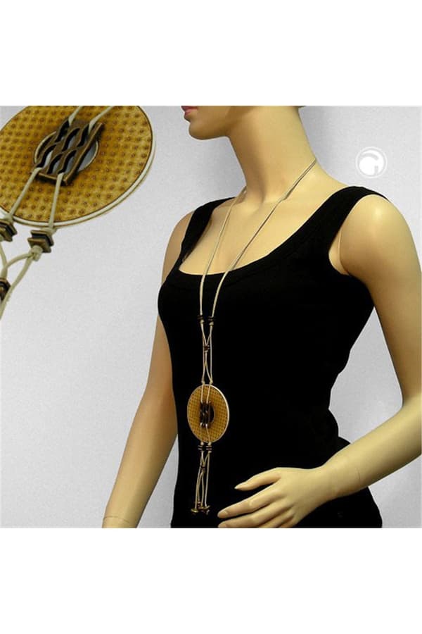 Necklace 77mm Plastic Pendant Hole Ring Beige-Olive Old Brass Cord Gray 90cm - GL07528