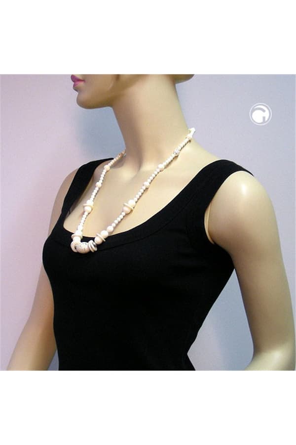 Necklace Beads Creme Silver-Tone 70cm - GL07450