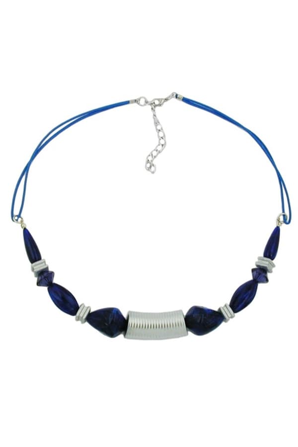 Necklace Grooved Tube Bead Silver Coloured & Blue Beads - GL01114