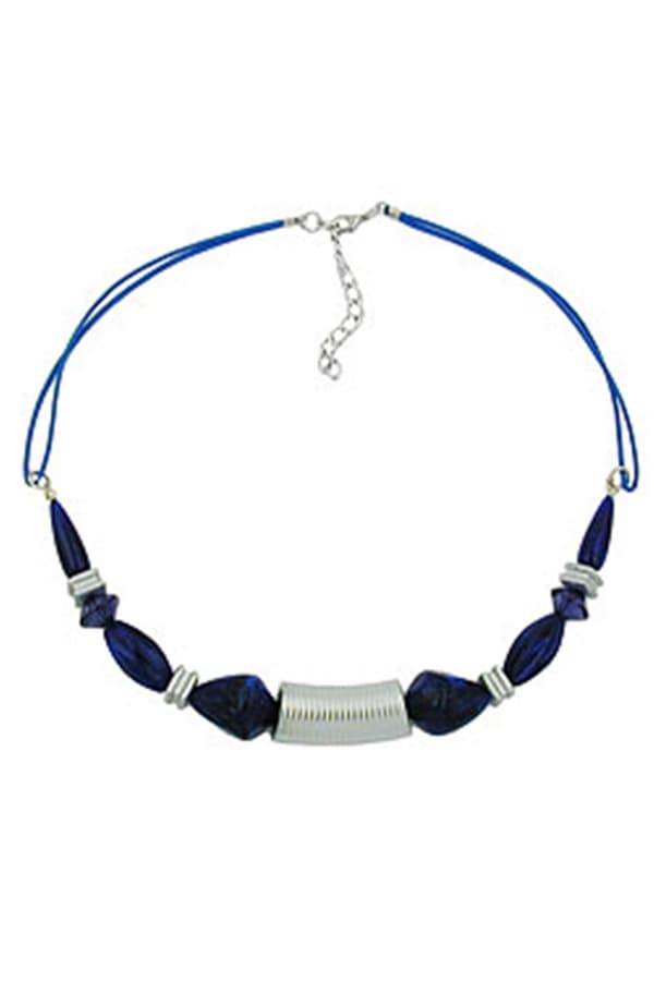 Necklace Grooved Tube Bead Silver Coloured & Blue Beads - GL01114