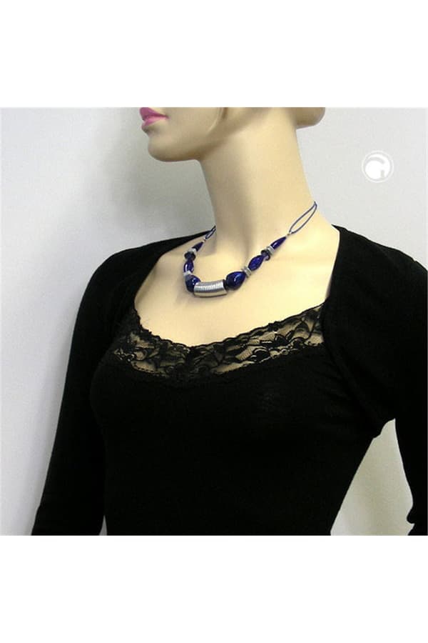 Necklace Grooved Tube Bead Silver Coloured & Blue Beads - GL01114
