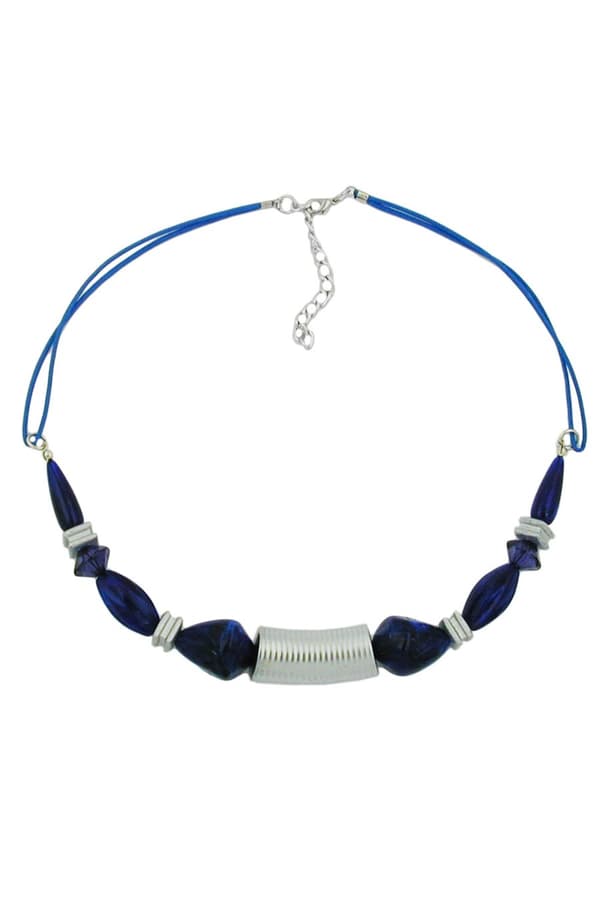 Necklace Grooved Tube Bead Silver Coloured & Blue Beads - GL01114