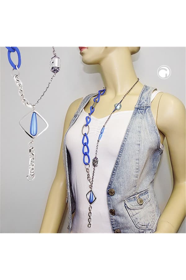 Necklace Blue Beads Chain Links - GL01083