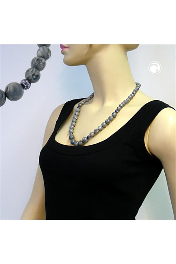 Necklace Beads Grey Marbled - GL04418