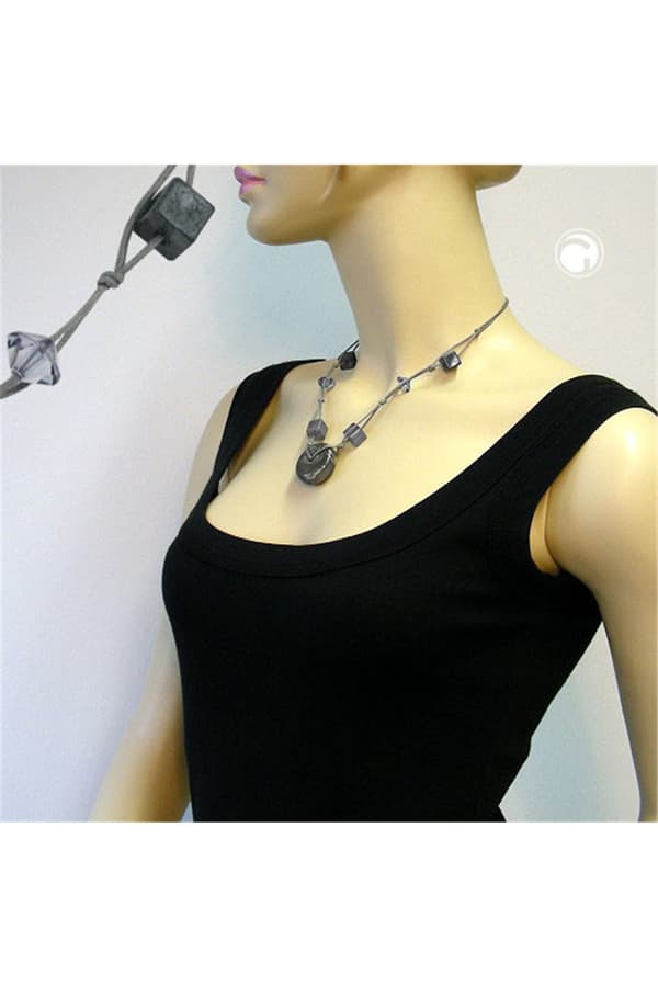 Necklace Disc Grey/Silky & Glossy Beads - GL02831