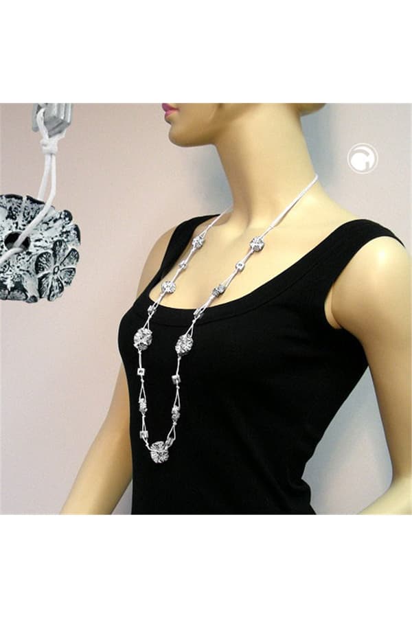 Necklace Flower Bead Grey-White 100cm - GL02507