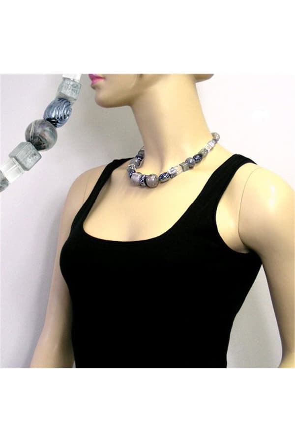 Necklace Silvergrey Grey-Blue Marbled Beads - GL01911