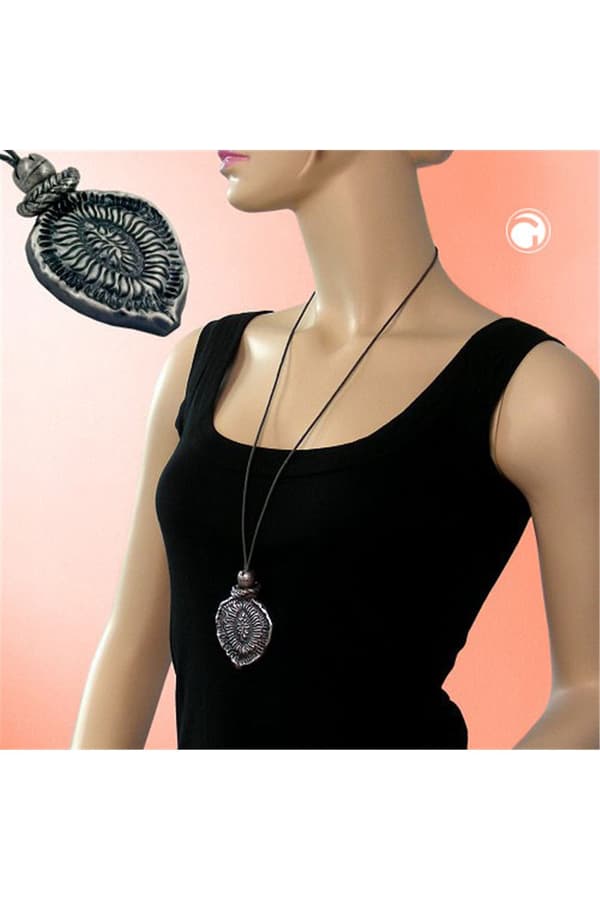 Necklace Oxide Silver Pendant Grey Cord - GL01613
