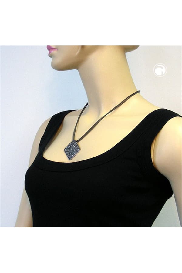 Necklace Metal Pendant Grey Cord - GL00290