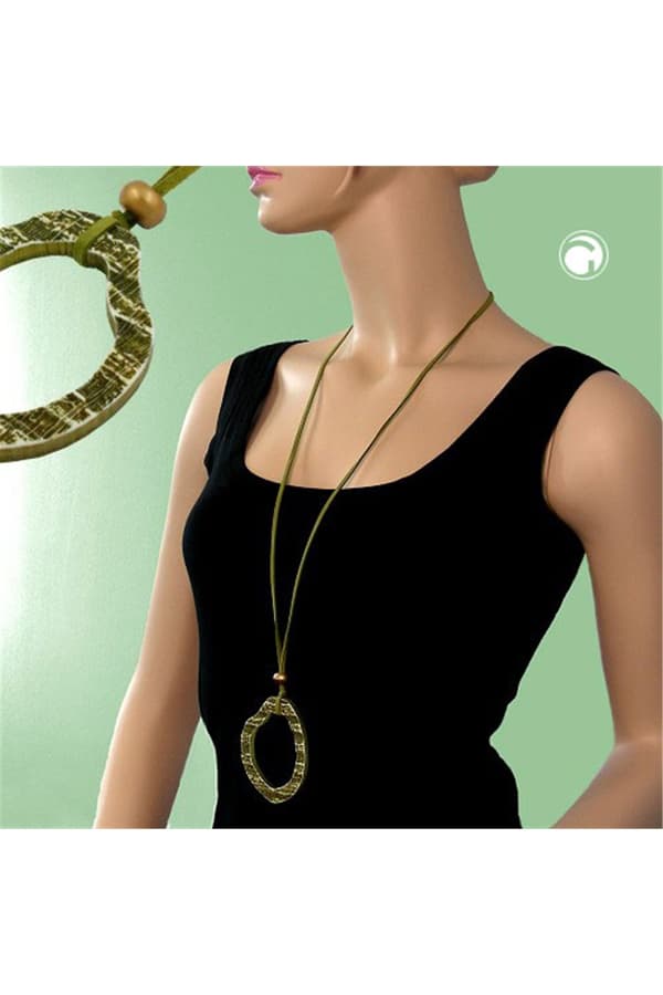Necklace 75x55mm Tree Ring Plastic Olive Green Leather Strap Green 90cm Chain - GL07552