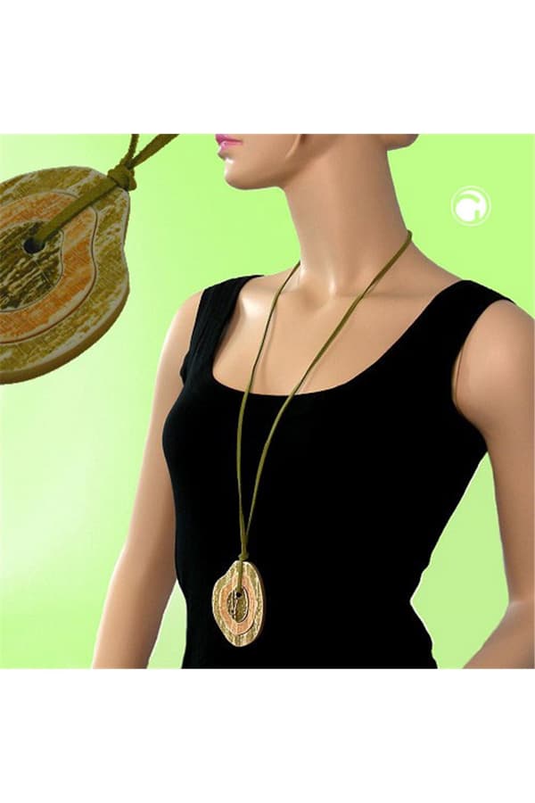 Necklace 75x55mm 3 Tree Rings Plastic Green Beige Leather Strap Green 90cm - GL07547