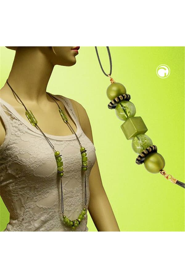 Necklace Green-Olive Beads 100cm - GL01809