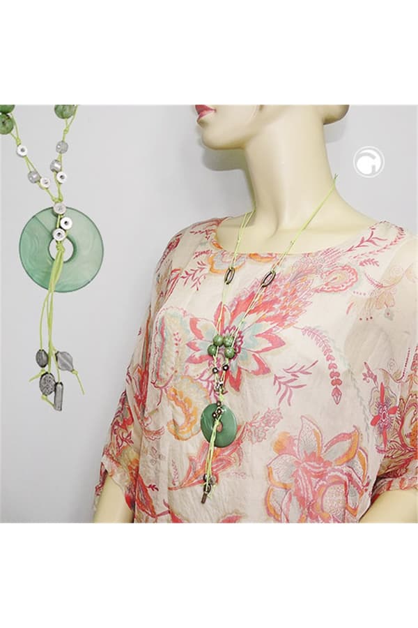 Necklace Silk-Green Round Pendant - GL01148