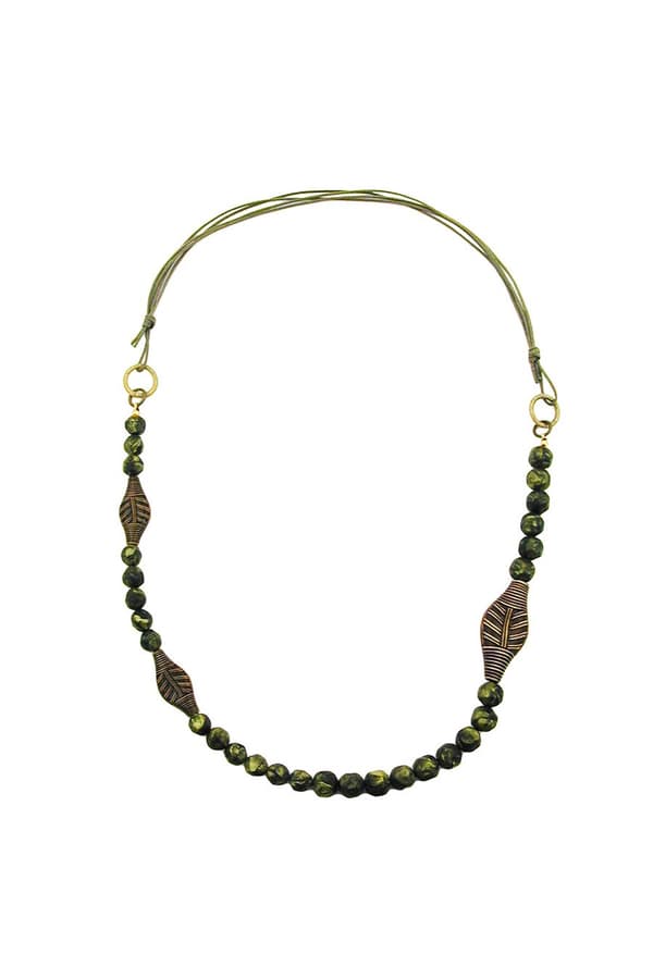 Necklace 3 Leaf Beads Olive Colour Pressed Bead - GL00850