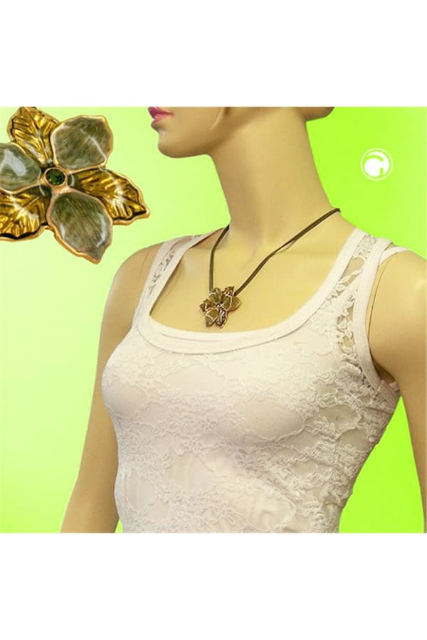 Necklace Flower Olive-Gold Enameled 50cm - GL00411